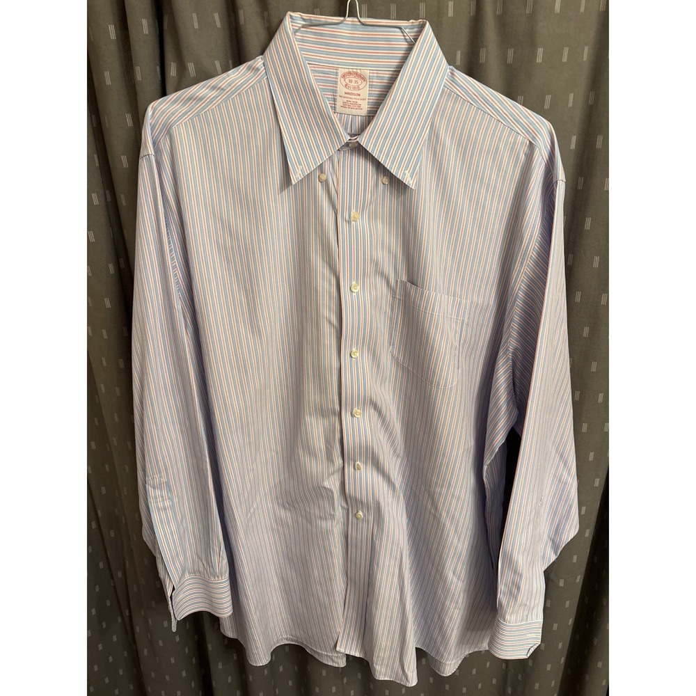 Brooks Brothers Madison Shirt Mens 18 35 Non-Iron Supima Cotton Blue Red Stripe